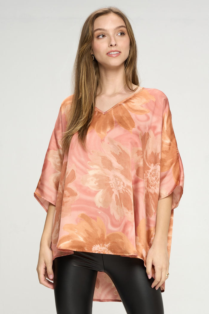 Adrienne floral satin print poncho tunic top