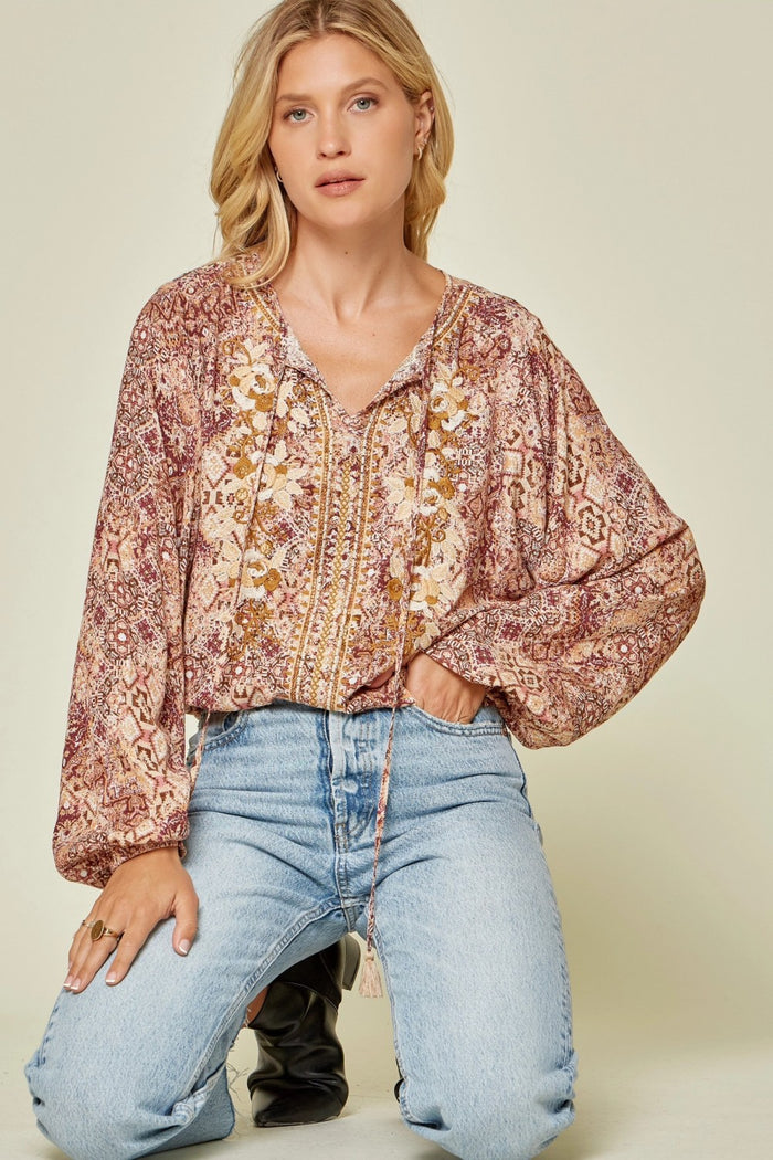 ANDREE BY UNIT / SAVANNA JANE Embroidered Peasant Top, Magenta & Rust