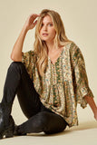 Floral Ruffle Sleeve Top, Olive
