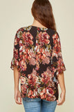 Floral Ruffle Sleeve Top, Black