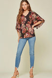 Floral Ruffle Sleeve Top, Black