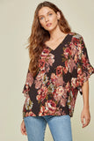 Floral Ruffle Sleeve Top, Black