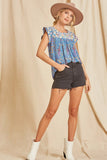 Flutter Sleeve Embroidered Top, Royal