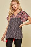 Leopard Babydoll Embroidered Top, Black