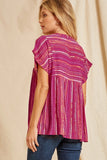 Striped Babydoll Embroidered Top, Magenta