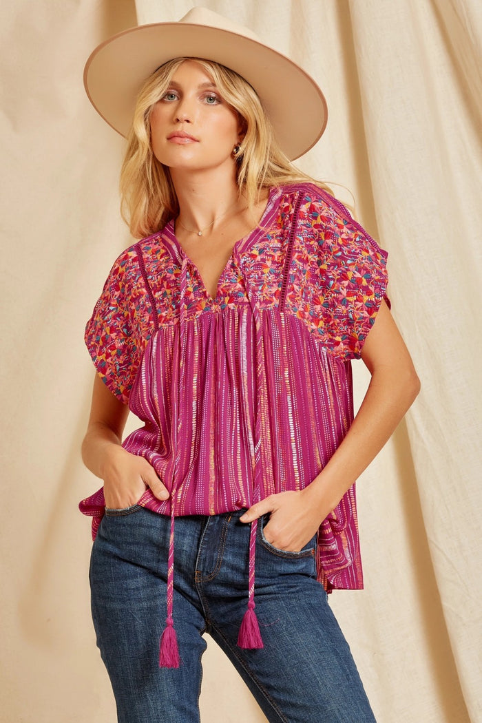 Andree by Unit savanne jane Striped Babydoll Embroidered Top