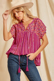 Striped Babydoll Embroidered Top, Magenta