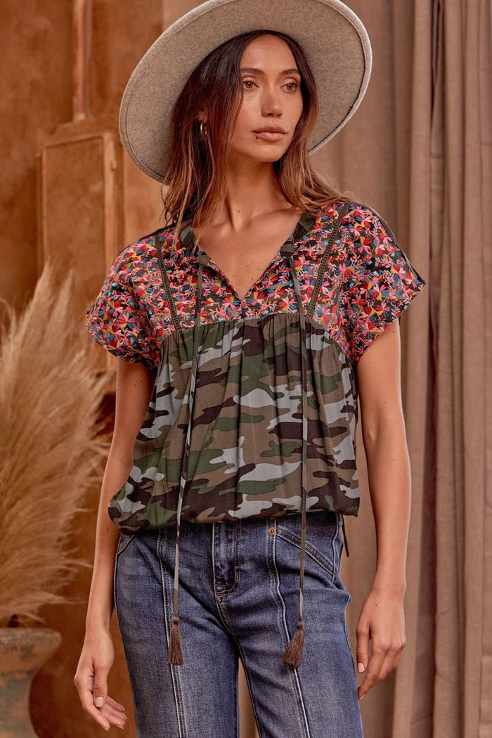 Andree by Unit savanne jane Camo Babydoll Embroidered Top