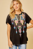 Short Sleeve Embroidered Top, Black
