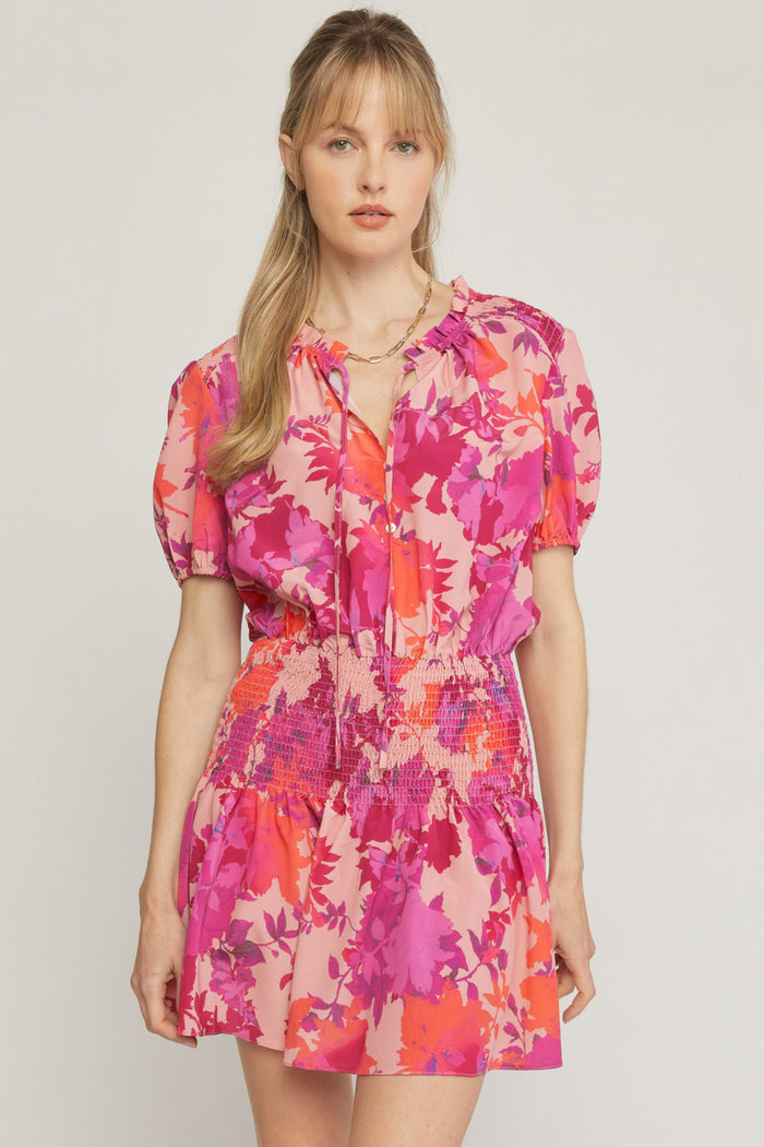 ENTRO USA Floral Smocked Waist Mini Dress