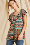 Embroidered Cap Sleeve Top, Black
