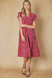 Floral Tiered Ruffle Midi Dress, Burgundy