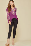 Tie Front Embroidered Blouse, Magenta