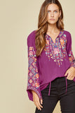 Tie Front Embroidered Blouse, Magenta