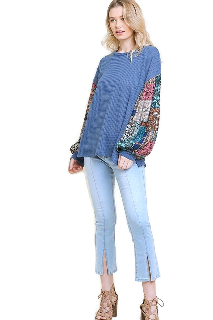 umgee usa Paisley Print Waffle Knit Top, Blue
