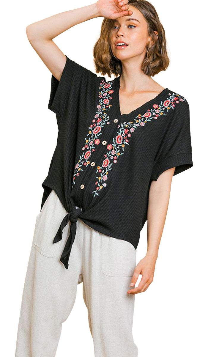umgee usa Floral Embroidered Waffle Knit Top
