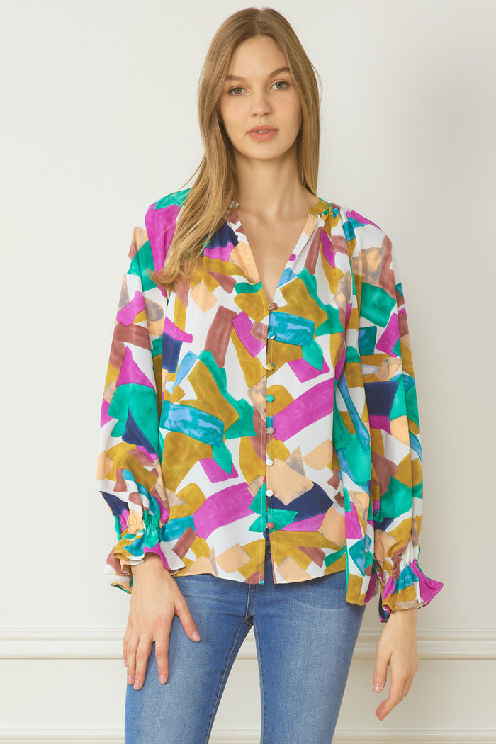 entro USA Abstract Button Down Blouse