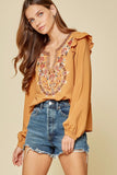 Ruffle Detail Embroidered Blouse, Marigold