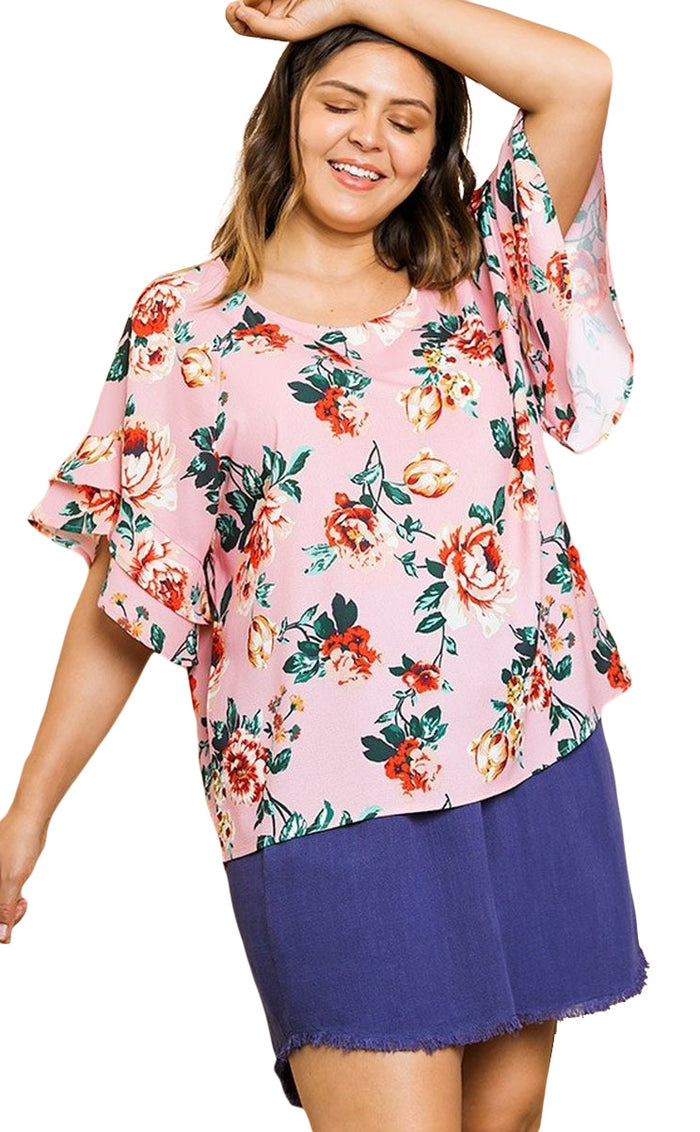 umgee usa Floral Ruffle Sleeve Blouse, Blush