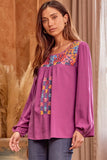 Embroidered Balloon Sleeve Blouse, Magenta