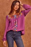 Embroidered Balloon Sleeve Blouse, Magenta