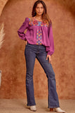 Embroidered Balloon Sleeve Blouse, Magenta