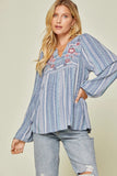 Floral Embroidered Babydoll Top, Blue