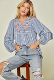 Floral Embroidered Babydoll Top, Blue