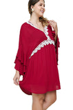 Layered Ruffle Bell Sleeve Dress, Red