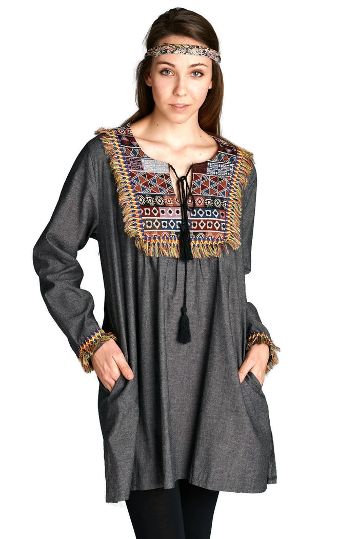 Fringe & Geometric Chambray Dress, Black