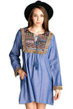Fringe & Geometric Chambray Dress, Blue