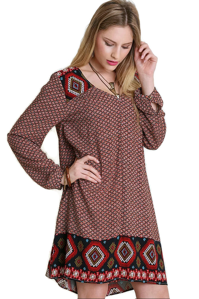 Border Print Peasant Dress, Chocolate