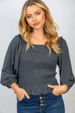 Smocked & Ribbed Top, Charcoal