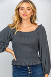 Smocked & Ribbed Top, Charcoal