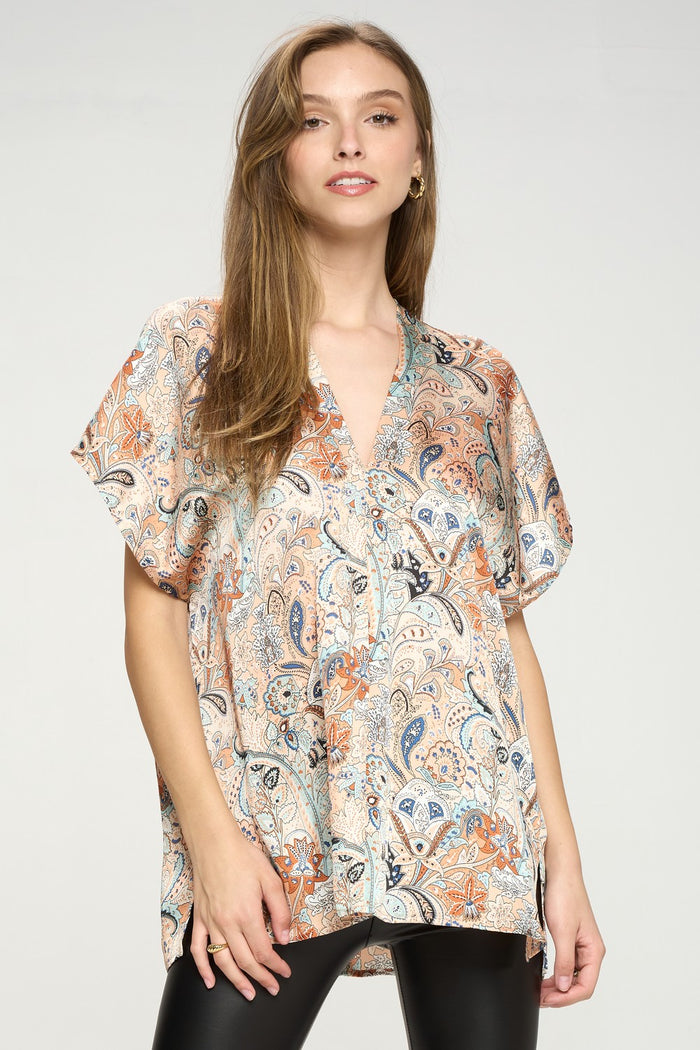 adrienna Satin Paisley Double V Shift Top