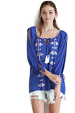 Embroidered Tassel Tie Top, Royal
