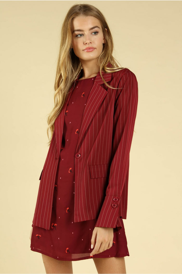 Power Hour to Happy Hour Striped Blazer, Wine