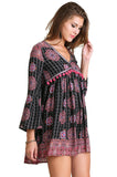 Tassel Trim Peasant Dress, Black