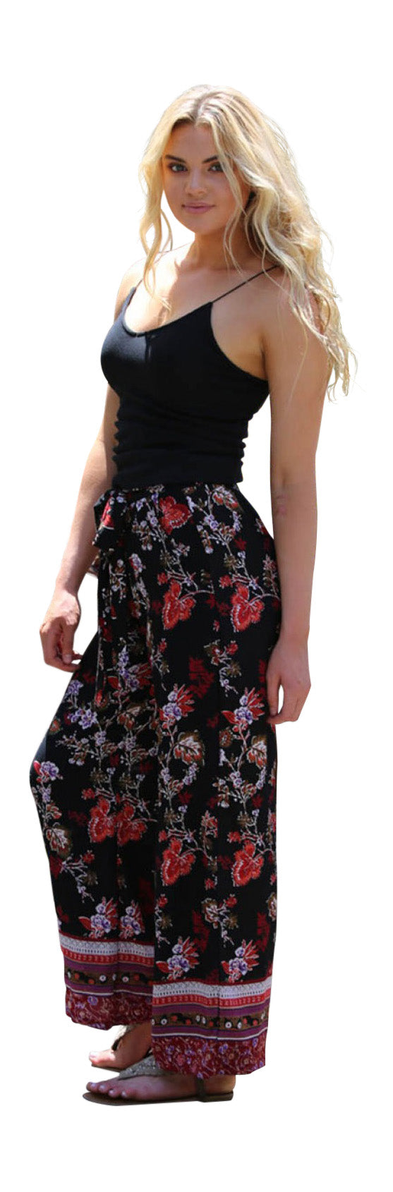Border Print Floral Pants, Black