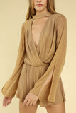 Shimmering Long Sleeve Wrap Romper, Light Brown