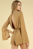 Shimmering Long Sleeve Wrap Romper, Light Brown