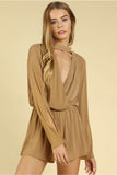 Shimmering Long Sleeve Wrap Romper, Light Brown
