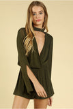 Shimmering Long Sleeve Wrap Romper, Olive