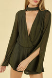 Shimmering Long Sleeve Wrap Romper, Olive