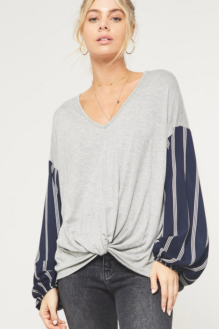 Stripe Print Sleeve Top, Grey & Navy