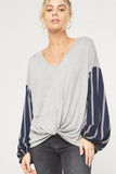 Stripe Print Sleeve Top, Grey & Navy