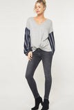 Stripe Print Sleeve Top, Grey & Navy