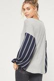 Stripe Print Sleeve Top, Grey & Navy