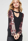Floral Print Sleeve Knit Top, Black