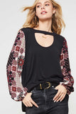 Floral Print Sleeve Knit Top, Black